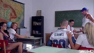 Teens Dolly Diore&amp;nbsp;&amp;amp;&amp;nbsp;Cathy Heaven share tutor&amp;rsquo;s cock with two horny friends in classroom